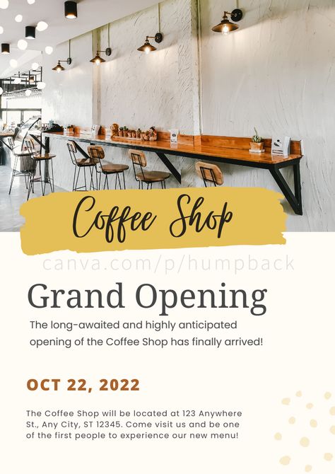 Announce your coffee shop's grand opening with our 'Cream Minimal Grand Opening Coffee Shop Flyer'. This elegant and minimalist design captures the perfect balance of sophistication and simplicity, making it ideal for inviting guests to your new café. Click the link to view and customize this stylish flyer now!#CoffeeShopFlyer, #GrandOpening, #MinimalDesign, #CreamFlyer, #CoffeeShopOpening, #ElegantFlyer, #ChicDesign, #CanvaTemplate, #CafePromotion, #GrandOpeningEvent Opening Coffee Shop, Open Coffee Shop, Coffee Shop Flyer, Shop Grand Opening, News Cafe, New Menu, Ad Design, Grand Opening, Minimal Design