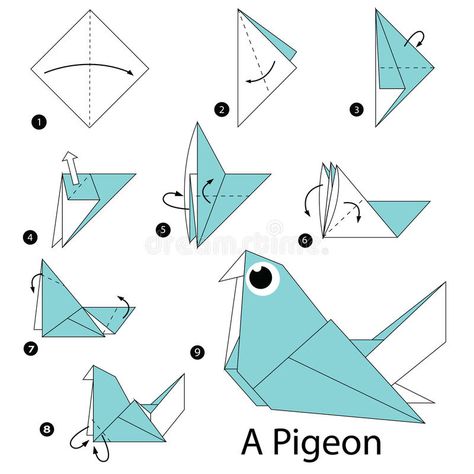 Step By Step Instructions How To Make Origami A Pigeon. Stock Vector - Image: 67134112 Origami Instructions Step By Step, Origami Kutu, Dragon Origami, Origami Easy Step By Step, Flowers Origami, Origami Birds, Origami Step By Step, Dollar Origami, Origami Decoration