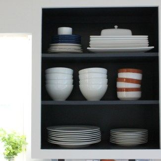 Open Kitchen Shelving - One Year Update - Lela Burris Cabinets To Open Shelving, Kitchen Cabinets Without Doors, Cabinets Without Doors, Remove Cabinet Doors, Open Shelving Kitchen Cabinets, Diy Shaker Cabinet Doors, Kitchen Cabinets Open, Diy Shaker Cabinets, Open Kitchen Shelving