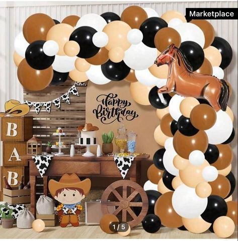 Horse Balloons, Cowboy Theme Party, Balloon Wreath, Cowboy Theme, Cowboy Horse, Garland Arch, Brown Horse, Happy A, Farm Theme