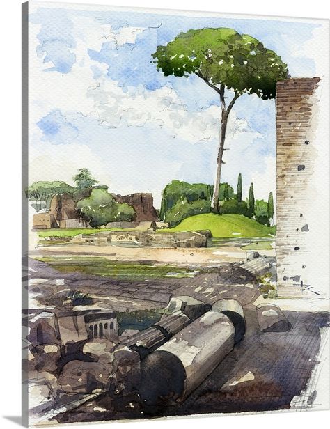 Stretched Canvas Print entitled Roma 1 2005.  This bright scene uses vibrant greens to accentuate the ancient landscape of Rome.  Multiple sizes available.  Primary colors within this image include White, Black, Gray, Olive Green.  Made in USA.  Satisfaction guaranteed.  Archival-quality UV-resistant inks.  Canvas is a 65 polyester, 35 cotton base, with two acrylic latex primer basecoats and a semi-gloss inkjet receptive topcoat.  Canvases are stretched across a 1.5 inch thick wooden frame with Tony Belobrajdic, Watercolor With Pen, Ancient Landscape, Architecture Watercolor, Teaching Drawing, Watercolor Postcard, Travel Sketchbook, Architecture Sketches, Painting Demo