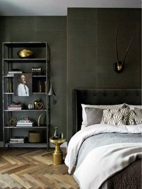 60 Men's Bedroom Ideas - Masculine Interior Design Inspiration Modern Man Bedroom, Men's Bedroom Design, Men’s Bedroom Ideas, Olive Green Bedrooms, Green Bedroom Walls, Mens Bedroom Decor, Black Bedroom Design, Masculine Bedroom, Simple Bedroom Design