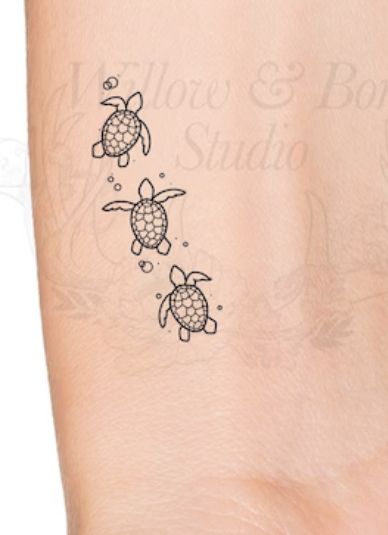 3 Small Sea Turtle Tattoo, Turtle Behind Ear Tattoo, Sea Turtle With Waves Tattoo, Honu Turtle Tattoo, Small Turtles Tattoo, 3 Sea Turtles Tattoo, Sea Turtle Hip Tattoo, Sea Turtle Memorial Tattoo, Sea Turtle Tattoo Designs For Women