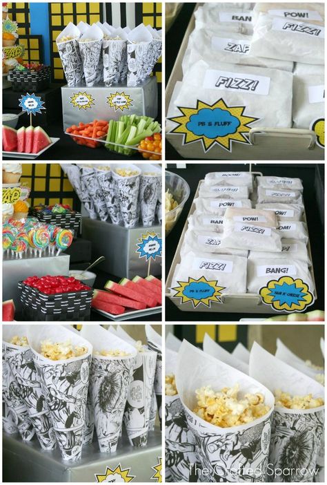 Superhero Birthday Party Vintage Superhero Birthday Party, Comic Book Birthday Party, Superhero Party Food, Popcorn Cones, Popcorn Holder, Vintage Superhero, Superman Party, Comic Party, Marvel Birthday Party