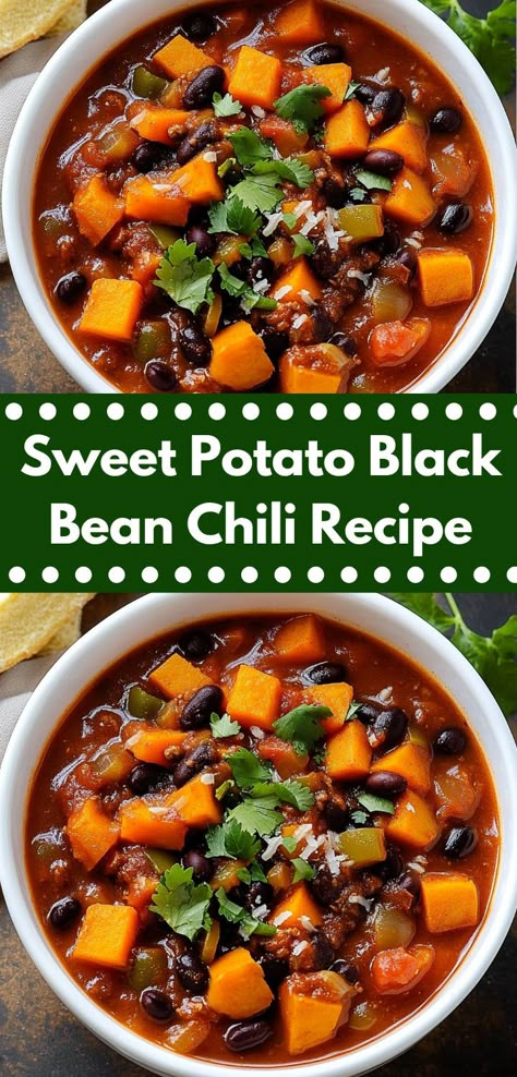 Looking for potato recipes? This Sweet Potato Black Bean Chili Recipe is perfect! It’s one of the best potato dinner recipes, combining bean recipes with chili recipes for delicious dinner ideas, great for family or dinner for two. Best Black Bean Chili Recipe, Sweet Potato Black Bean Recipe, Recipes With Chili, Potato Dinner Recipes, Black Bean Chili Recipe, Sweet Potato Chili Recipe, Sweet Potato Black Bean Chili, Chili Recipe With Black Beans, Delicious Dinner Ideas