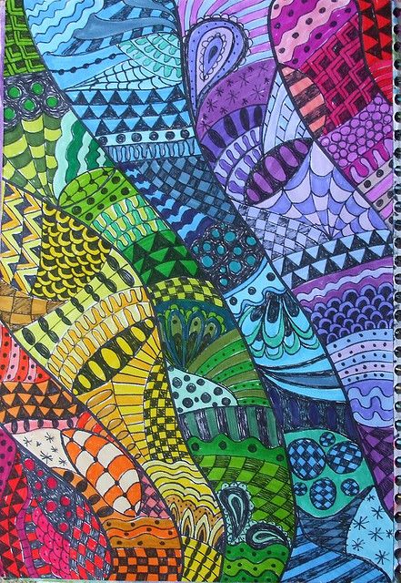 Beyond gorgeous. Looks MS or HS but I bet I could get my 5th graders to do something along these lines.....in rainbow order, zentangles, a mix....soooo pretty! Architecture Sketches, Arte Doodle, Zentangle Designs, Colors And Patterns, Tangle Art, Fabric Ideas, Doodles Zentangles, Middle School Art, Zen Doodle