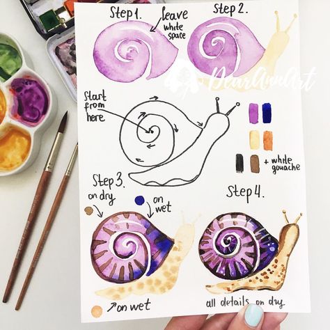 Instagram'da shibadoodle: “Cute watercolour purple snail step by step 🐌 🐌 💜 @dearannart 🐌🐌💜tag a friend who would like this 😌 - Follow us @shibadoodle for daily step…” Watercolor For Beginners, Ideas Watercolor, Painting Instructions, Paint With Me, Watercolor Tutorial, Watercolor Water, Colour Painting, Watercolor Art Lessons, Watercolor Paintings Tutorials