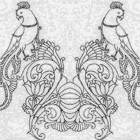 Madhubani Painting Outline, Tanjore Painting Sketches Parrot, Parrot Fabric Painting, Tanjore Painting Sketches For Blouse, Tanjore Painting Sketches, Kalamkari Motifs, Indian Motif, Indian Traditional Paintings, Saree Painting Designs