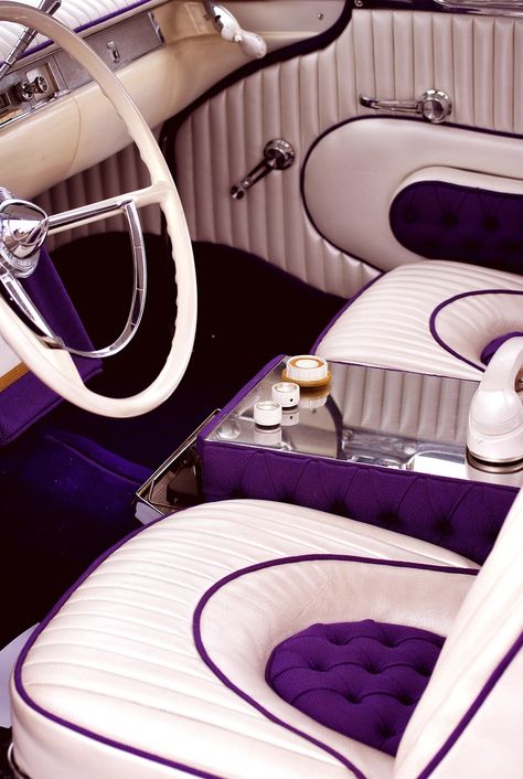 A hot car is always a must have accessory - I <3 the purple and beige seats! Interior Images, Purple Car, Daphne Blake, Car Drawing, Purple Interior, Good Year, Purple Reign, Purple Love, Old Car