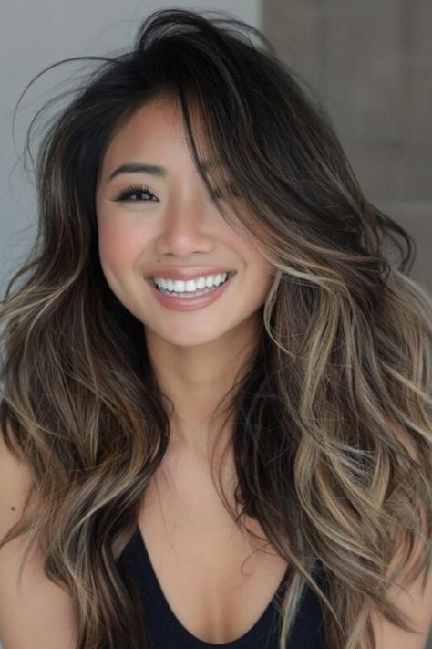 Elevate your long hair game with balayage perfection! Discover 28 hairstyles that radiate effortless elegance. Embrace the art of subtle color gradients. Asian Hair Ombre Balayage, Subtle Balayage Asian Hair, Frizzy Hair Color Ideas, Soft Brown Fall Hair, Hair Highlights For Asian Women, Asian Hair Highlights Ash, Asian Balyage Long Hair, Highlights For Asians, Beige Blonde Highlights On Dark Hair