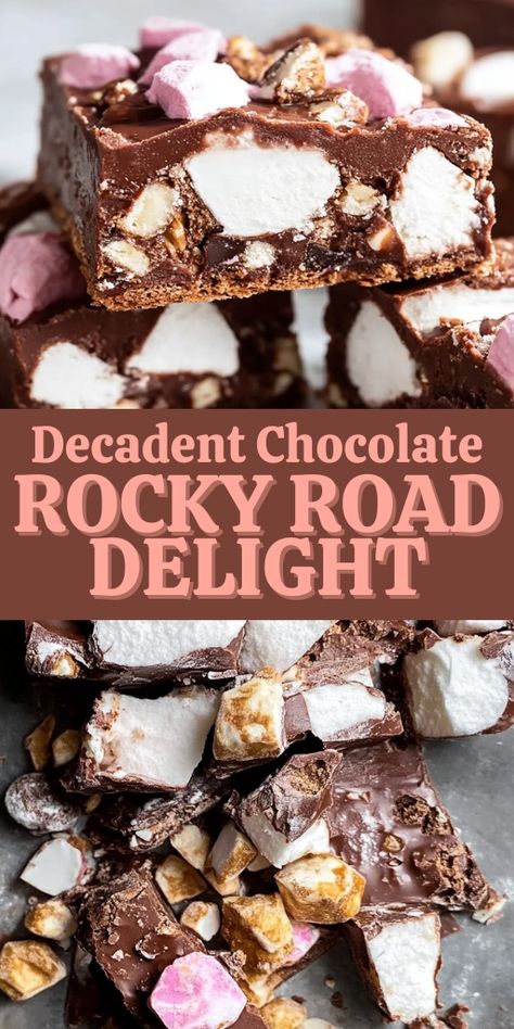 This Decadent Chocolate Rocky Road Delight is a sweet and indulgent treat packed with marshmallows, nuts, and rich chocolate! 🍫🍬 Perfect for parties, holidays, or just satisfying your sweet tooth, this rocky road recipe is easy to make and guaranteed to be a crowd-pleaser.

📌 Save this pin to create an irresistible chocolate rocky road delight for your next dessert!
#RockyRoadDelight #ChocolateDesserts #SweetTreats #EasyBaking #PartyFood #IndulgentSnacks Best Rocky Road Recipe, Healthy Rocky Road, Rocky Road Brownies Recipe, Easy Rocky Road, Crunch Bars Recipe, Rocky Road Bars, Rocky Road Brownies, Rocky Road Fudge, Rocky Road Recipe