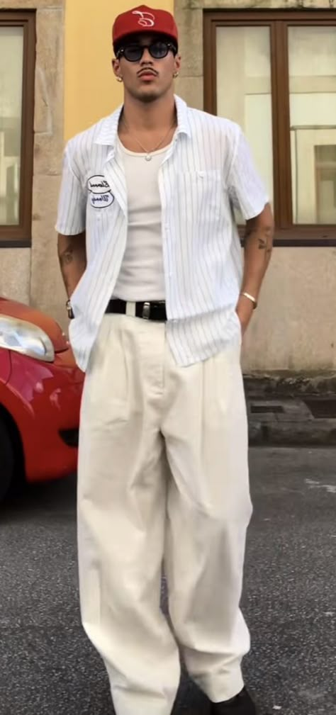 Aesthetic White Pants Outfit, Mexico City Outfit Men, Baggy White Pants Outfit, White Baggy Pants Outfit, White Baggy Jeans Outfit, White Trousers Outfit Men, Men White Outfit, White Pants Outfit Men, Cream Jeans Outfit