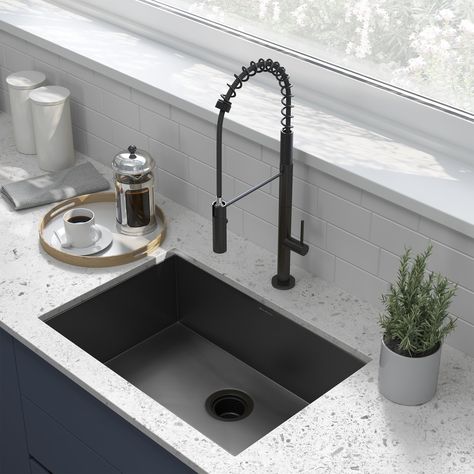 The Tourner Undermount Kitchen Sink is a stylish single basin sink with numerous finish options making it a perfect addition to any kitchen setting. Built with corrosion, rust and scratch-resistant stainless steel, this sleek and modern sink was built to withstand heavy use and high temperatures. Additionally, the sink has a deep spacious bowl, allowing for uninterrupted washing. FEATURES: 26 x 18” Stainless Steel Undermount installation Spacious Sink Depth – 8” Drain Hole Size - 3 ½” Noise Feat Kitchen Sink Black, Contemporary Kitchen Sinks, Undermount Stainless Steel Sink, Single Basin Sink, Modern Kitchen Sinks, Under Sink Cabinet, Countertop Material, Modern Sink, Undermount Sinks