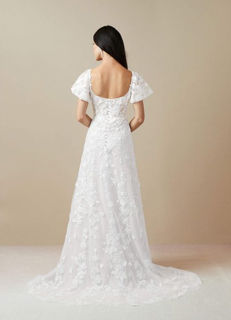 Diamond White Azazie Vivienne A-Line Sweetheart Lace Sweep Train Dress | Azazie Moonlight Wedding Dress, Wedding Dresses Diamonds, Sweep Train Wedding Dress, Train Dress, White Champagne, Perfect Wedding Dress, The Perfect Wedding, Custom Dresses, Dress Wedding