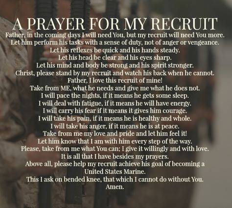 A Prayer For My Recruit - USMC bootcamp Boot Camp Quotes, Marine Mom Quotes, Usmc Bootcamp, Army Boot Camp, Marine Son, Marines Boot Camp, Marine Quotes, Usmc Mom, Marines Girlfriend