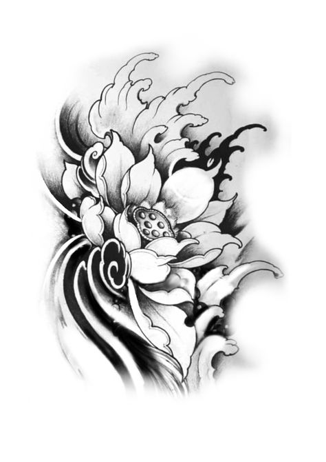 Asian Lotus Tattoo, Lotus Japanese Tattoo, Tsubaki Tattoo, Burning Flower Tattoo, Japanese Flowers Drawing, Lotus Tattoo Drawing, Japanese Lotus Tattoo, Samurai Tattoo Sleeve, Japanese Leg Tattoo