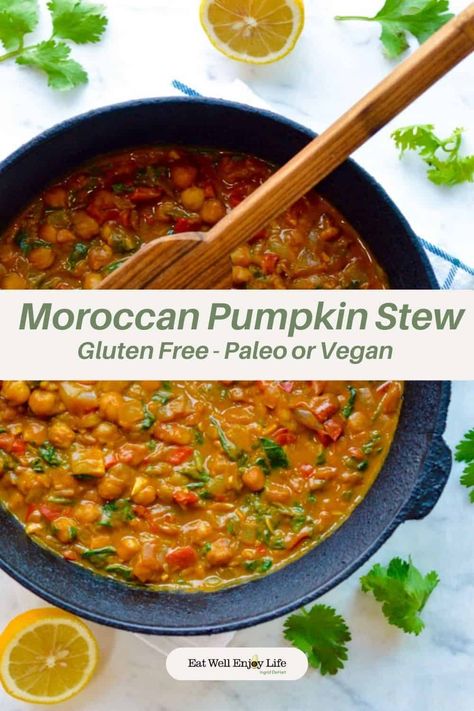 Moroccan Pumpkin Stew is one of my favorite Fall comfort foods. As the weather gets colder this warm stew filled with amazing sweet and spicy aromas will tantalize your taste buds and give you a sense of well-being. It can be made vegan or paleo. Pumpkin Stew Recipes, Paleo Stew Recipes, Spicy Pumpkin Soup Recipe, Paleo Stew, Spicy Pumpkin Soup, Moroccan Stew, Pumpkin Stew, Comfort Recipes, Pumpkin Curry