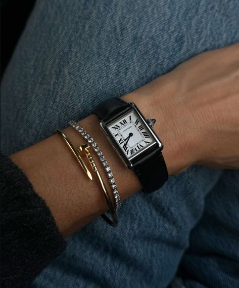 Diamond Bracelet Stack, Cartier Tank Watch, Cartier Juste Un Clou, Rectangle Watch, Watch Diamond, Tank Watch, Wrist Stacks, Cartier Bracelet, Tank Outfit