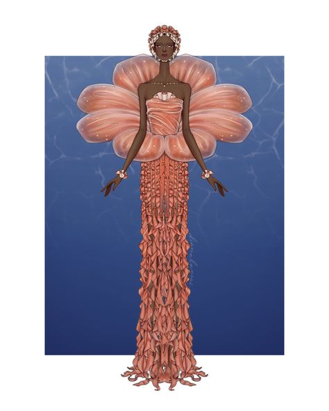 Fashion illustration and design by Diana Bacioi.
Look inspired by the lion’s mane jellyfish. Orange dress with a flower shaped attachment to the dress, bodice with draped sheer on top, long skirt made of cascading ruffles as well as a ruffle headpiece and wrist cuffs & glowing dots all over the look. 
Figure on a blue background with water reflections and a thick white border around it. Jellyfish Fashion Design, Jellyfish Inspired Fashion, Jellyfish Fashion, Alien Wedding, Sea Inspired Fashion, Feather Star, Fashion Design Inspiration Board, Fish Fashion, Thai Modern