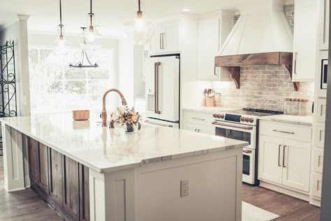 Copper Kitchen   Copper Accents  White Kitchen  Farmhouse  Remodel GE Cafe White Kitchen Copper Accents, White Kitchen With Copper Accents, Copper Fixtures Kitchen, Kitchen Farmhouse Remodel, Copper Accent Kitchen, Kitchen Copper Accents, Copper And White Kitchen, Copper Accents Kitchen, White Copper Kitchen