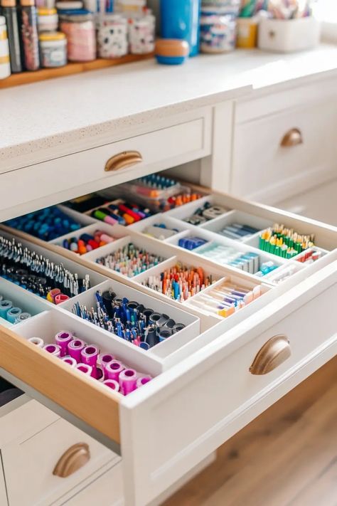 Looking to revamp your craft room? Discover our guide to DIY craft room drawer organizers! This post features creative and practical ideas to keep your craft supplies neatly arranged. From multi-bin solutions that fit various drawers to easy-to-make dividers for washi tape and crafting tools, there's something for every craft enthusiast. Streamlining your materials not only saves time but keeps your workspace lovely. Say goodbye to clutter and hello to organization with these crafty drawer organization ideas! Drawer Organization Ideas, Tool Drawer Organizer, Diy Drawer Dividers, Diy Drawer Organizer, Tool Drawers, Diy Organizer, Silverware Tray, Drawer Organization, Crafting Tools