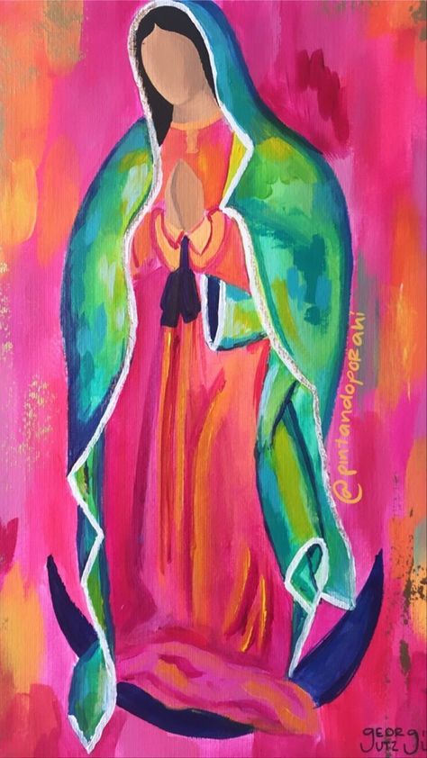 Virgin Mary Canvas Paintings, Virgin Mary Painting Easy, Virgencita Painting, Virgen Painting, Mexican Canvas Painting, Mexican Catholic Art, Virgin Mary Painting, Mexican Artwork, Virgin Mary Art