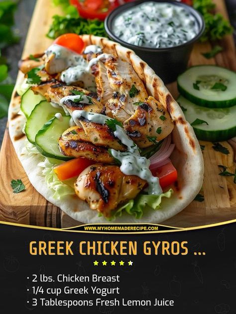 Greek Chicken Gyros With Tzatziki Sauce, Chicken Gyros With Tzatziki Sauce, Gyros With Tzatziki Sauce, Greek Chicken Gyros, Greek Salad Ingredients, Chicken Gyro Recipe, Chicken Gyro, Recipes Greek, Greek Recipes Authentic