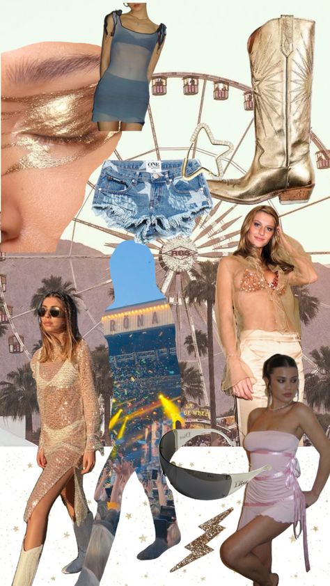 #coachella #aesthetic #moodboardinspo #glittermakeup Coachella Illustration, Coachella Mood Board, Coachella 2024, Coachella Aesthetic, Coachella Fits, Spring Mood, Glitter Makeup, Aesthetic Fashion, Mood Boards