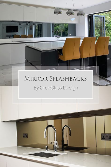 Toughened mirror kitchen splashbacks create a luxurious, spacious and light feeling kitchen. Mirrored Kitchen Splashback, Mirror Backsplash Kitchen Modern, Kitchen Splashback Ideas Glass, Kitchen Splashback Ideas Glass Modern, Mirror Splashback Kitchen, Mirror Backsplash Kitchen, Glass Splashback Kitchen, Mirror Kitchen, Backsplash With White Cabinets