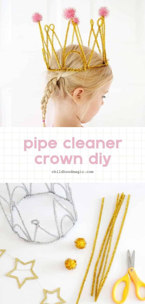 Pipe Cleaner Crown DIY - Easy Dress Up Craft - Childhood Magic Diy Craft Crown, Making A Crown Diy, Pipe Cleaner Crown Diy, Diy Birthday Crown For Girl, Kids Crown Craft, Birthday Crowns Diy, Crown Making For Kids, Diy Crown For Kids, Pipe Cleaner Headband