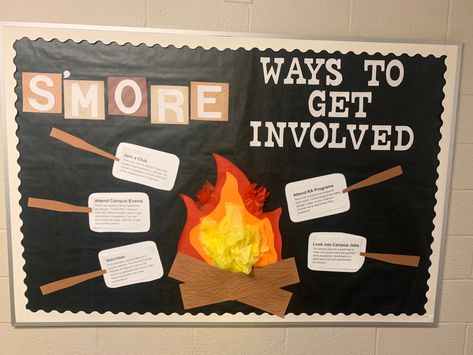 Campus engagement RA board “smore ways to get inolved board”. Smore and campfire themed College Fall Bulletin Boards, Smore Bulletin Board, Ra Bulletin Boards Fall, Ra Activities, Ra Programming, September Bulletin Boards, Nurse Purse, Ra Inspiration, Fall Classroom Door