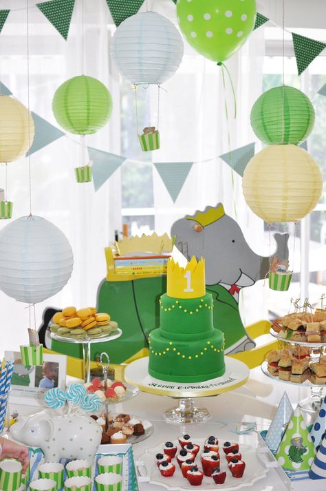 Babar Decor Ideas to coordinate with the Babar themed invitations by The Charm Studio: http://thecharmstudio.com/blog/2013/6/20/harrisons-first-birthday Babar Themed Party, Babar Nursery Theme, Happy Birthday B, Book Themed Birthday Party, Balloon Lanterns, Elephant Birthday Party, Birthday Plans, Christian Birthday, Elephant Party