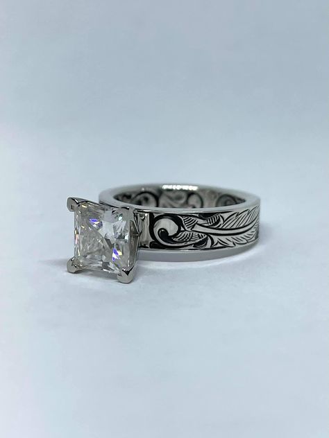 Princess Cut Western Ring, Square Western Engagement Rings, Tooled Silver Wedding Ring, Hyo Silver Wedding Ring, Western Wedding Rings Sets Princess Cut, Rustic Wedding Rings For Women, Western Wedding Rings Womens, Tooled Wedding Ring, Western Style Engagement Rings