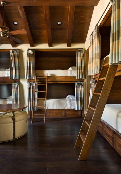 Six rustic wood bunk beds in one large, lofty room.  Good for a summer camp/lodge.  Side note- I'm highly intrigued by the gigantic Ottoman + table. Cottage Bunk Room Ideas, Bunk Room Ideas, Bunk Bed Room, Mediterranean Bedroom, Sleeping Nook, Rustic Bedroom Design, Lake Ideas, Virgin Island, Built In Bunks