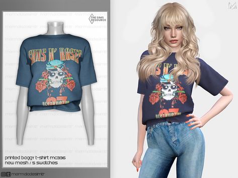 The Sims Resource - Printed Baggy T-Shirt MC336 Sims 4 Baggy Shirt, Sims 4 Cc Tshirt Female, Sims 4 T Shirt Cc, Sims 4 Cc Baggy Clothes, Sims4 Dump, Sims Outfits, Aesthetic Jennie, Olivia Jones, Y2k Shirts