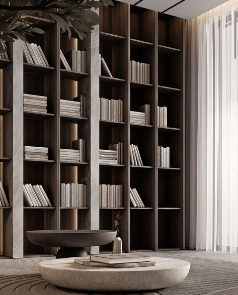 Walnut Bookshelves, Penthouse Library, Minimalist Library, Book Space, Serene Home, Minimalist Space, Tall Bookcases, Minimalist Interior Style, Modern Library