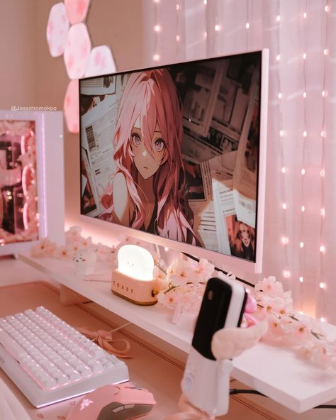 Good Morning~ ☁️ Happy Monday everyone! I’ve been keeping up with all the pink monitor news cause it’s been popping up on my feed! Since I bought another one I’ll be sure to review my experience from the one I bought vs the reviewer model in case there’s any difference. I’m so excited that everyone’s getting the pink monitor of their dreams 👏🏻💕 . .⁣ .⁣ #streamer #twitchstream #streamgirl #twitchtv #twitchcommunity #egirl #twitchgirls #gamergirl #gamer #gamergirls #pcgamer #pcgaming #twitch #t... Pink Monitor, Pc Layout, Pc Room, Pink Cafe, Game Aesthetic, Flower Games, Cozy Desk, Pink Games, Desk Setups