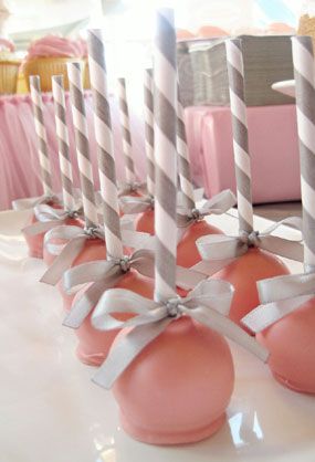 pink and silver Baby Shower Sweets Table, Pink Cake Pops, Baby Shower Sweets, Grey Baby Shower, Baby Shower Cake Pops, Pop Stick, Fiesta Baby Shower, Pink Cake, Baby Rattle