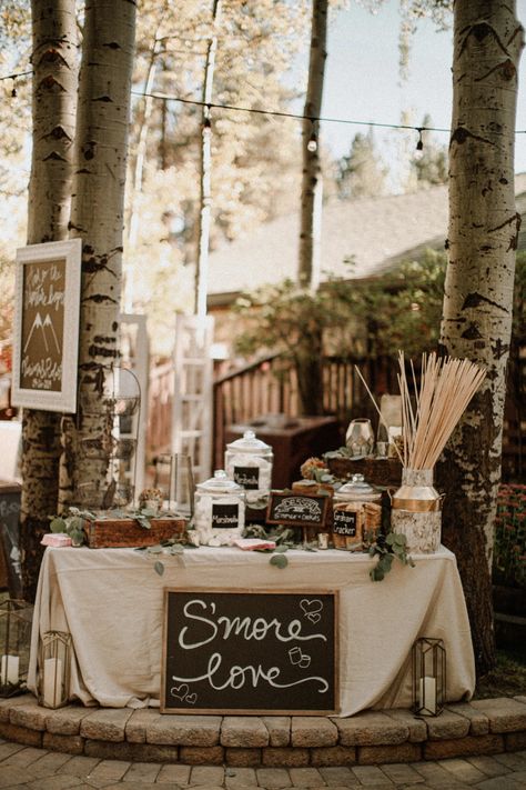 Fall Forest Wedding Reception, Fall Lake Wedding Ideas Decor, Bonfire At Wedding Reception, Forest Wedding Ideas Rustic, Dock Wedding Decor, Forest Reception Decor, Wedding S’more Station, April Outdoor Wedding, Boho Reception Ideas