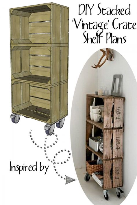 Love the look of vintage crates?  Build DIY 'vintage' crates to make a stacked crate shelf on wheels. @Remodelaholic Shelf On Wheels, Crate Shelf, Shelf Plans, Vintage Crates, Crate Bookshelf, Bookcase Diy, Crate Diy, Vintage Crate, Crate Shelves