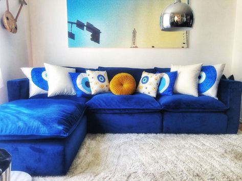 Cobalt Blue Room, Blue Sectional, Apt Ideas, Blue Room, Modular Sectional, New Living Room, Interior Inspo, Home Living Room, Cobalt Blue