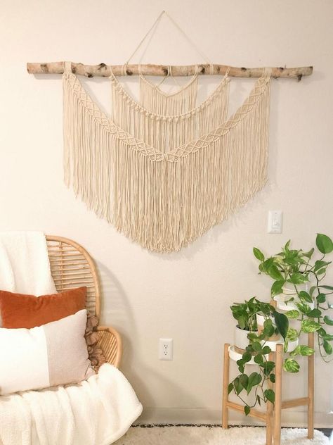 Large Birch Wood Branch Macrame Wall Hanging Above Headboard | Etsy Branch Macrame, Wide Macrame Wall Hanging, Simple Macrame Wall Hanging, Macrame Wall Hanging Ideas, Different Christmas Trees, Doilies Crafts, Simple Macrame, Small Wall Hangings, Birch Branches