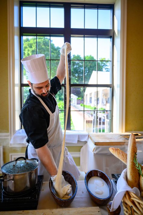 Made-to-Order Fresh Mozzarella Hand-Pulled in Front of Your Guests by a Professional Chef at The Grandview, Poughkeepsie, NY.  Add this station enhancement to any Italian Action Station at Your Wedding Cocktail Hour Chef Wedding Theme, Mozzarella Bar Wedding, Action Station Ideas Food, The Grandview Poughkeepsie, Italian Wedding Foods, Rustic Italian Bread, Cocktail Hour Food, Wedding Cocktail Hour, Cocktail Station