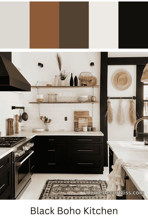 Black Boho Kitchen: Sleek Cabinetry and Natural Elements Black White Boho Kitchen, Modern Bohemian Kitchen, Modern Boho Kitchen, Natural Wood Kitchen, Bohemian Kitchen, Bohemian Interior Design, White Subway Tiles, Dark Kitchen Cabinets, Wallpaper Walls Decor