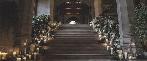 Hart House staircase Chapel Wedding Decorations, Ceremony Space Decor, Knox College, Hart House, House Staircase, Wedding Cinematography, January Wedding, Night Flowers, Toronto Wedding