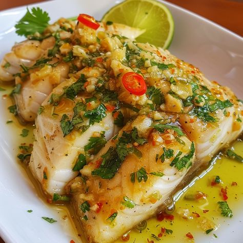 🐟🍋 Savor the flavors of Thailand with Thai Lime-Garlic Steamed Fish! 🥢 #ThaiCuisine #HealthyEating THAI LIME-GARLIC STEAMED FISH Ingredients: Fish fillets (4) Lime juice (1/4 cup) Garlic (4 cloves, minced) Fish sauce (2 tbsp) Sugar (1 tbsp) Fresh cilantro (1/4 cup, chopped) Red chili (1, sliced) Instructions: In a bowl, mix lime juice, garlic, fish sauce, and sugar. Place fish fillets in a steamer. Pour the lime-garlic mixture over the fish. Steam for 10-15 minutes until fish is cooked th... Chinese Steamed Fish, Steamed Fish Recipes, Healthy Thai Recipes, Fish Fillet Recipe, Thai Fish, Thai Foods, Fish Fillets, African Cooking, Food Types