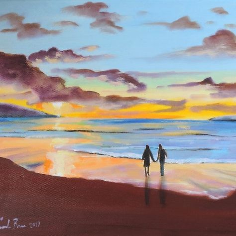 Couple at the beach painting Romantic Paintings Watercolor, Family Beach Painting, Couple On Beach Illustration, Painting Ideas Relationship, Couple Landscape Painting, Beach Wedding Painting, Beach Couple Painting, Romantic Acrylic Painting Ideas, Painting For Your Best Friend