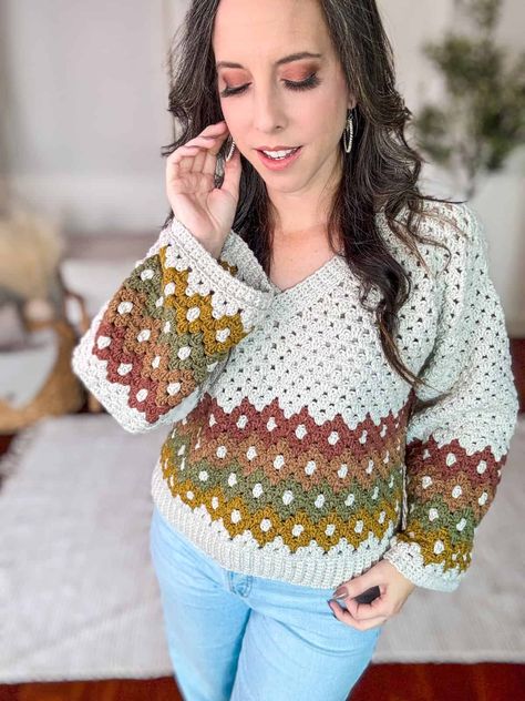 Discover the perfect fall sweater: the Shades of Diamonds Crochet Pullover. Handcrafted with a classic granny stitch design and a flattering v-neck. Video Tutorial Included. Brianna K Designs Crochet, Crochet Pullover Pattern, Crochet Pullover, Granny Stitch, Crochet Pattern Instructions, Fall Crochet Patterns, Simple Sweaters, Pullover Pattern, Crochet Supplies