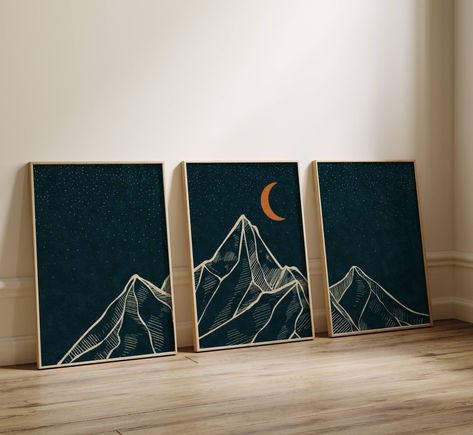 This set features three art prints, each showcasing minimalistic line art mountains on a dark background. It is designed to be displayed as a triptych, creating a stunning focal point on your wall. This minimalist set is perfect for enhancing up any space, be it your living room, bedroom, office or anywhere else. It also makes a thoughtful and unique gift for your friend for a special event like Christmas, birthday, or housewarming. #somaprintsart #minimalistwallart #mountainwallart #homedecor Set Aesthetic, Art Mountains, Aesthetic Landscape, Japandi Wall Art, Minimalistic Art, Panoramic Wall Art, Triptych Wall Art, Wall Art Gallery, Mountain Wall