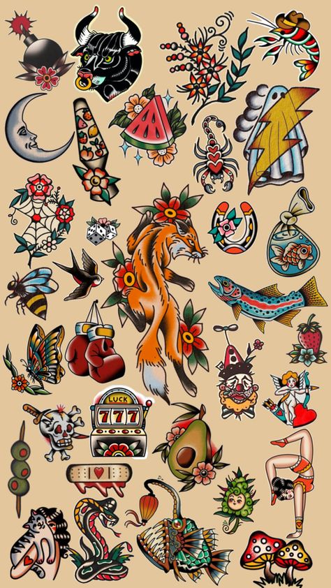 traditional tattoo flash sheet Traditional Tattoo Flash Sheet, Traditional Tattoo Woman, Traditional Tattoo Flash Sheets, Traditional Tattoo Drawings, Traditional Tattoo Flash Art, Traditional Tattoo Old School, Traditional Tattoo Inspiration, Traditional Tattoo Designs, Traditional Style Tattoo